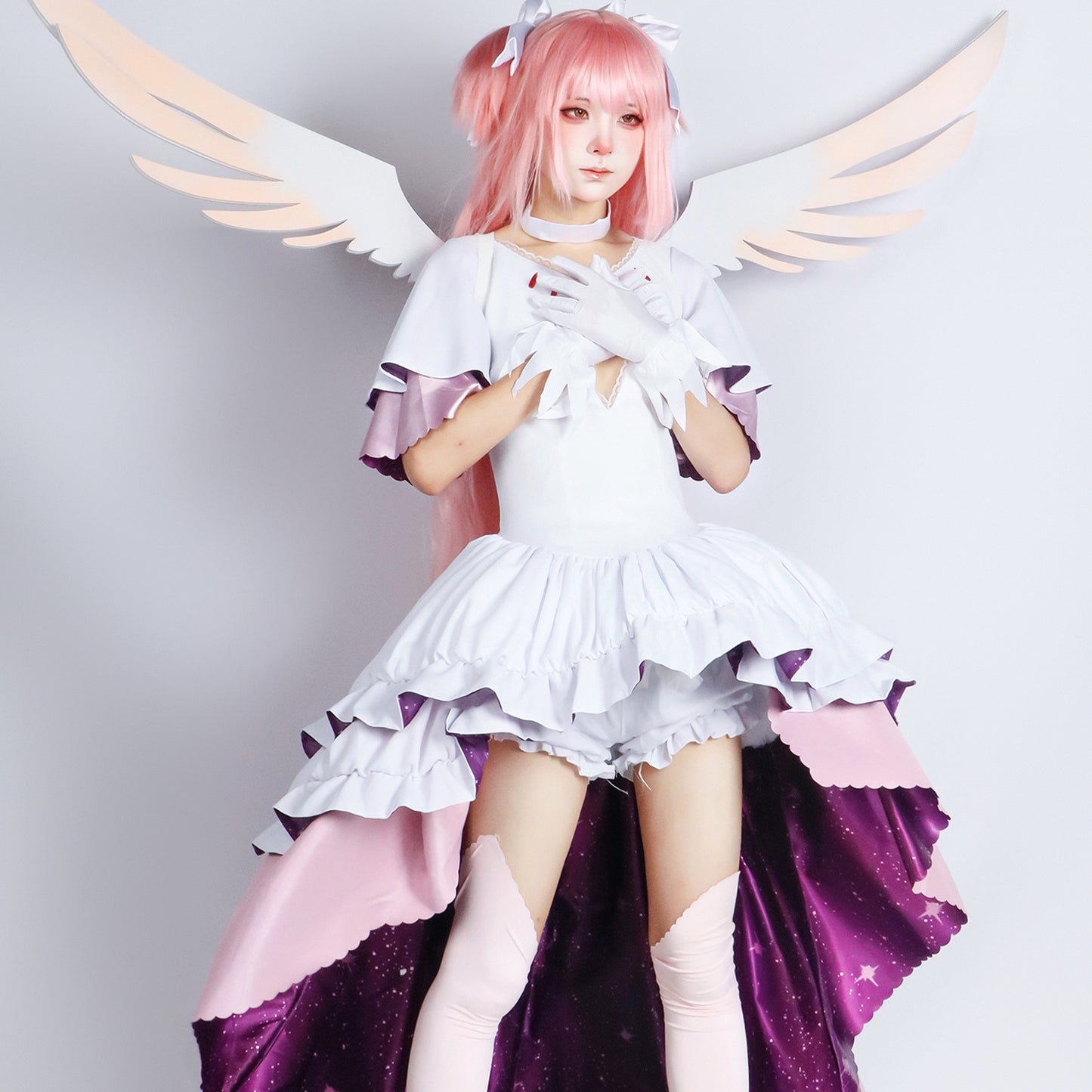 Madoka Kaname Goddess Cosplay Costume – Puella Magi Madoka Magica | White & Purple Ruffle Dress with Angel Wings | XS–3XL