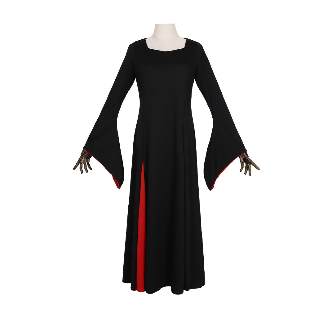 Morticia Addams Cosplay Gown – The Addams Family | Black Floor-Length Dress with Red-Lined Bell Sleeves | S–2XL