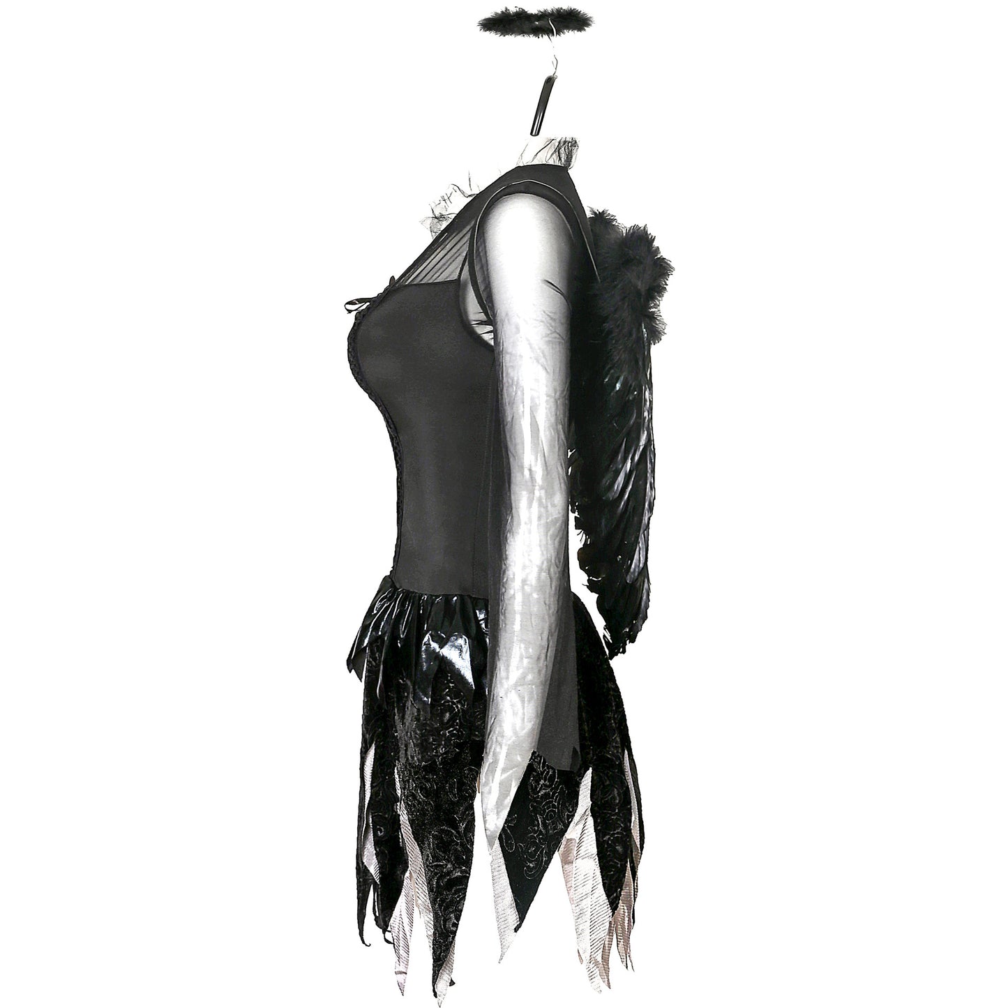 Dark Fallen Angel Halloween Costume – Lace Dress, Wings & Halo | Black or White