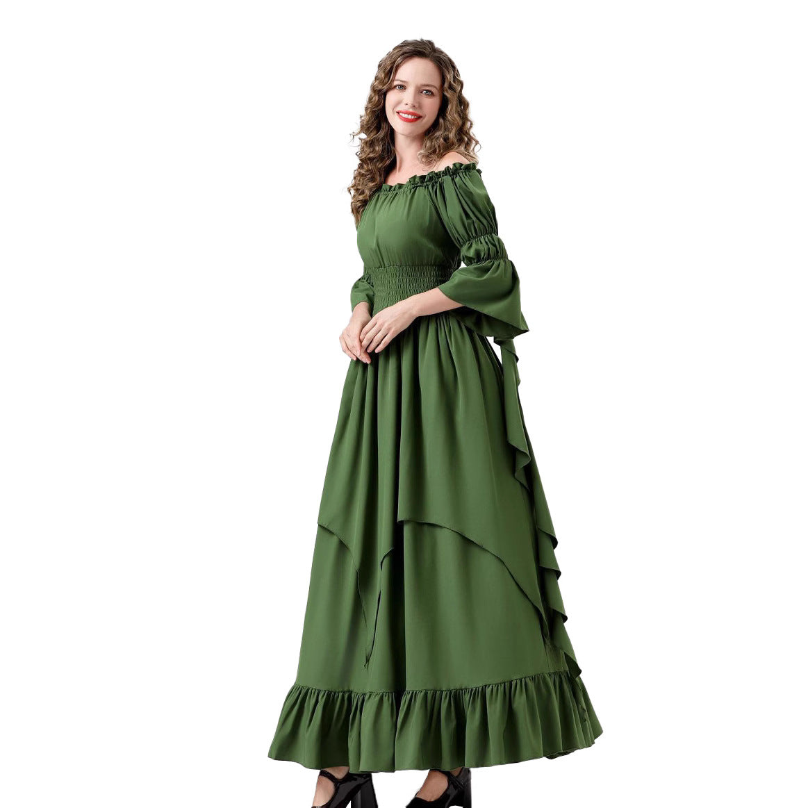 Medieval Renaissance Peasant Dress – Off-Shoulder Smocked Waist Hi-Lo Ruffle Gown | 9 Colors