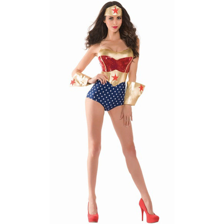 Halloween Costume Women's Cape Superhero Outfit Sexy Bodysuit Cloak Wonder Woman Uniform