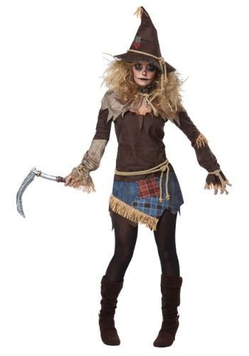 Women's Scarecrow Halloween Costume Set – Tattered Brown Top, Plaid Mini Skirt, Rope Belt & Pointed Hat | S–L