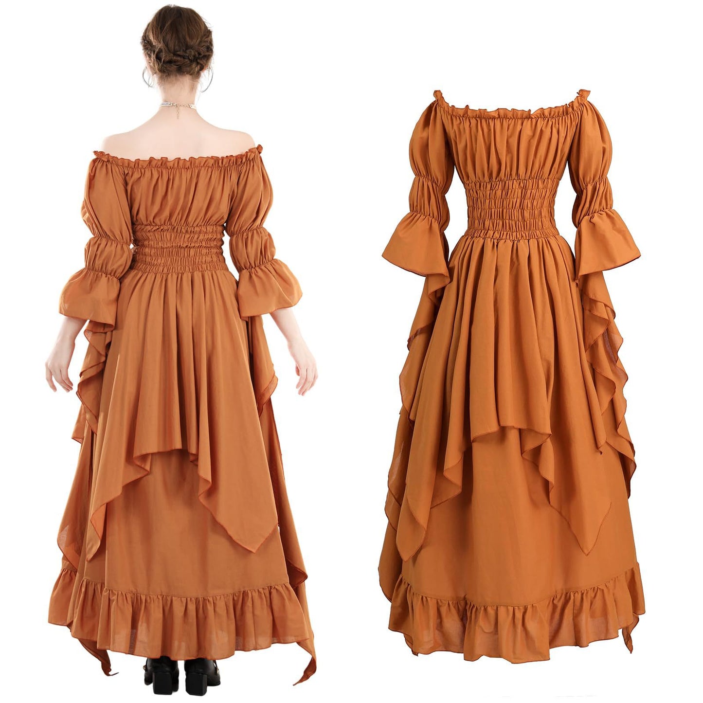 Medieval Renaissance Peasant Dress – Off-Shoulder Smocked Waist Hi-Lo Ruffle Gown | 9 Colors