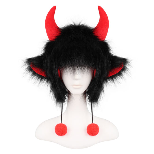 Halloween Funny Costume Black  Hat with Horns Winter Warm Ear Protection Niuwang Hat
