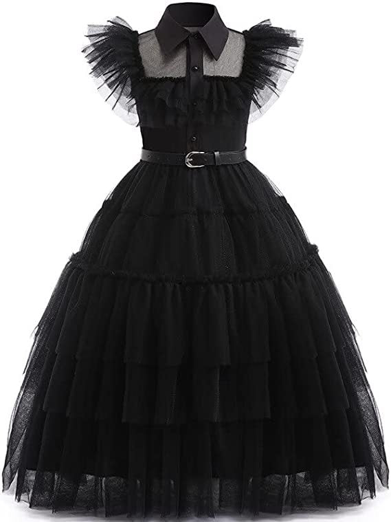 Kids' Wednesday Addams Ball Gown Costume – Black Tulle Dress with Belt | Ages 4–10 | 3 Styles