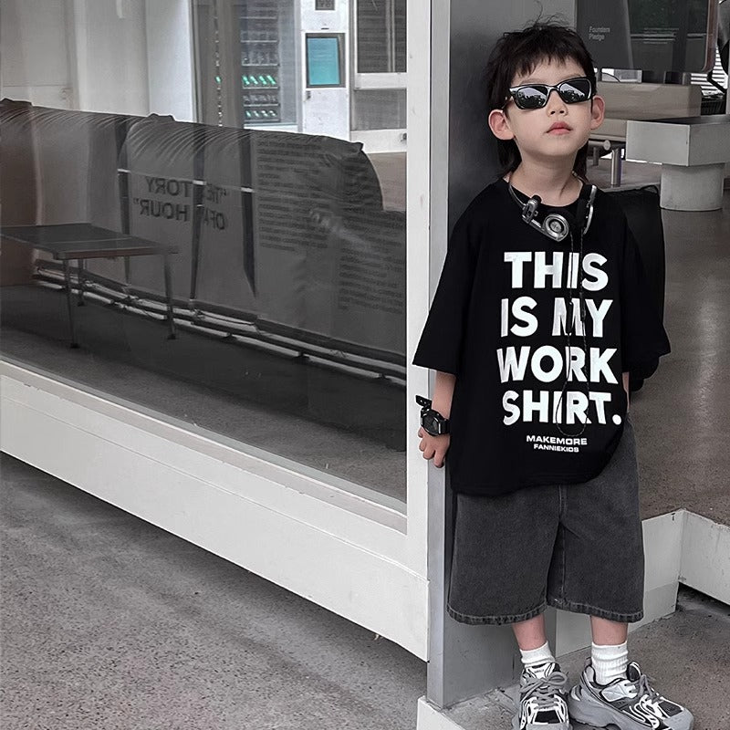 Casual Boy's Short Sleeve Lightweight Letter Print Black Cool Kids Stylish Children's Top
