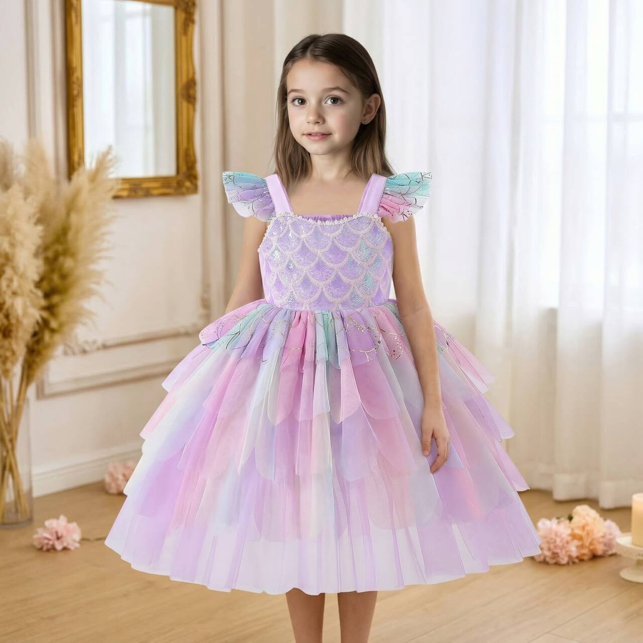 Girls' Summer Gradient Mesh Princess Dress with Sequins, Puffy Formal Dress for Kids Birthday and Performance