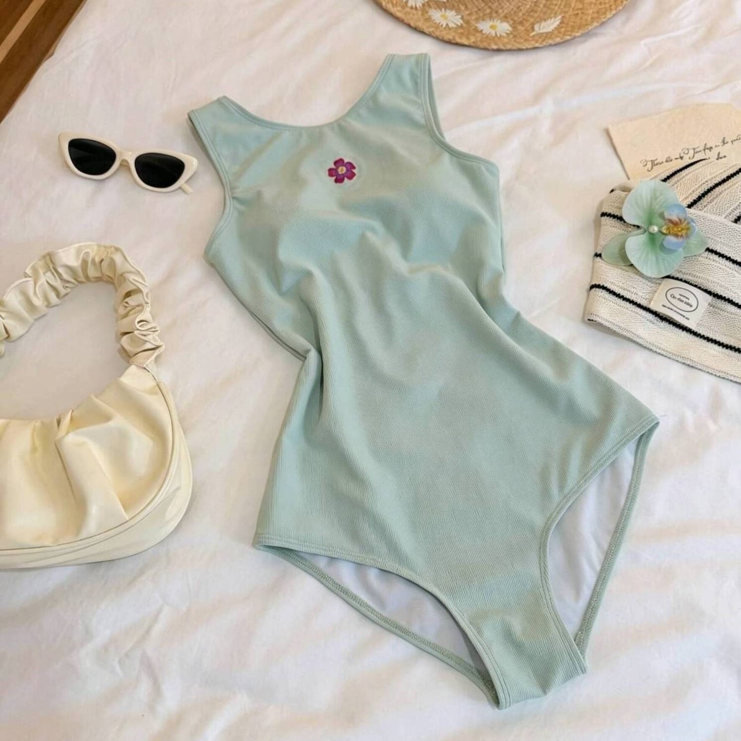 Women's Mint Green One-Piece Swimsuit – Sleeveless Scoop Neck with Flower Detail | M–XL