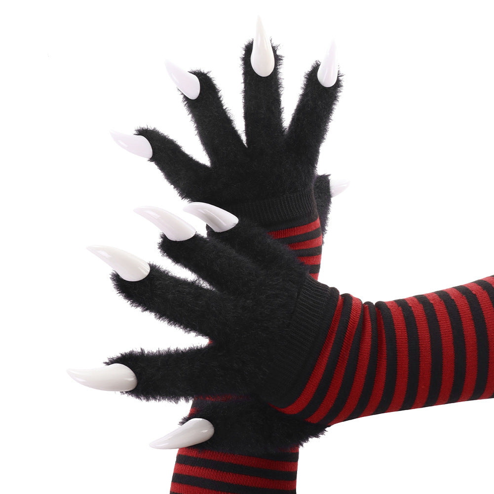 Kigurumi Claw Plush Gloves Striped Long Sleeve Gloves Warm Pointed Claw Design Cosplay Performance Props