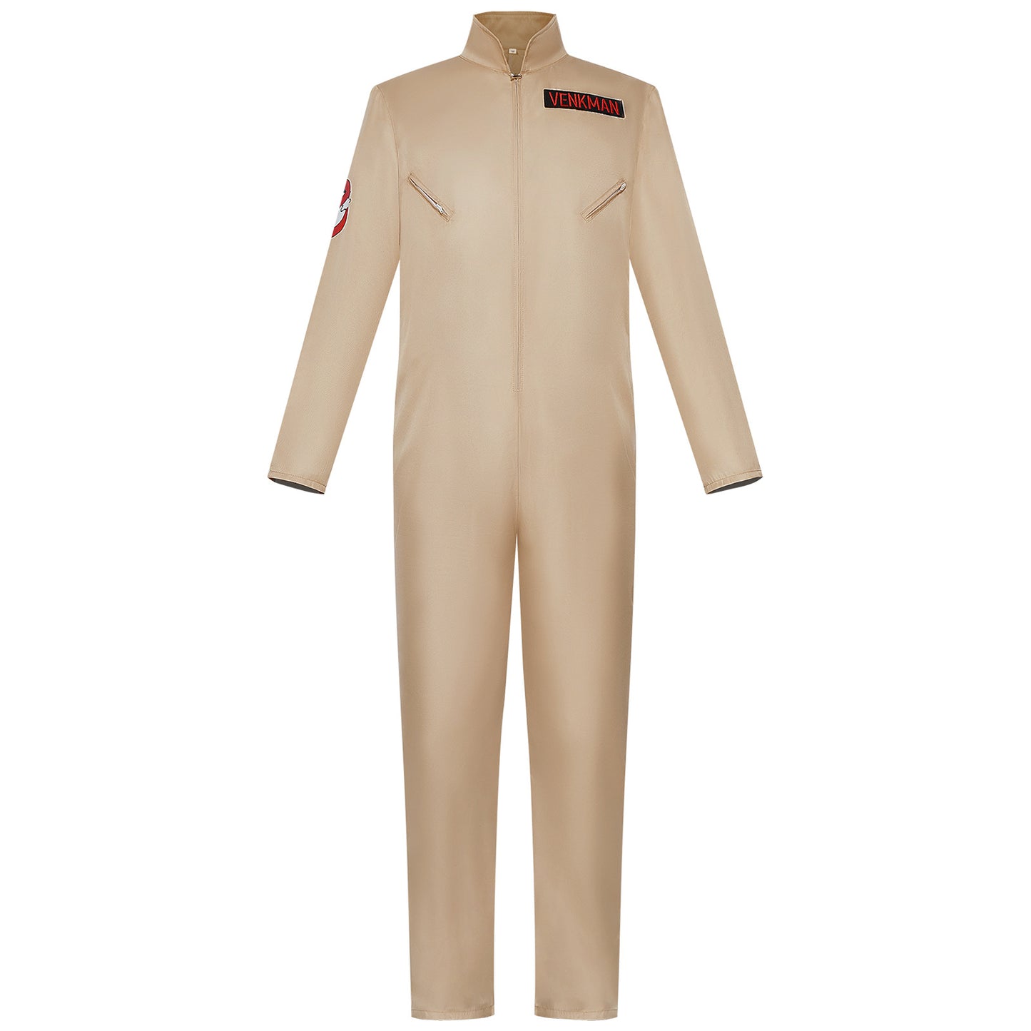 Ghostbusters Venkman Cosplay Jumpsuit – Beige Zip Jumpsuit with Name Patch & Ghost Logo | Adults & Kids