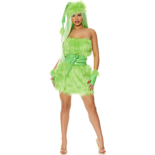 Green Monster Costume – Sexy Faux Fur Strapless Mini Dress with Hat & Gloves | Women's S–XL