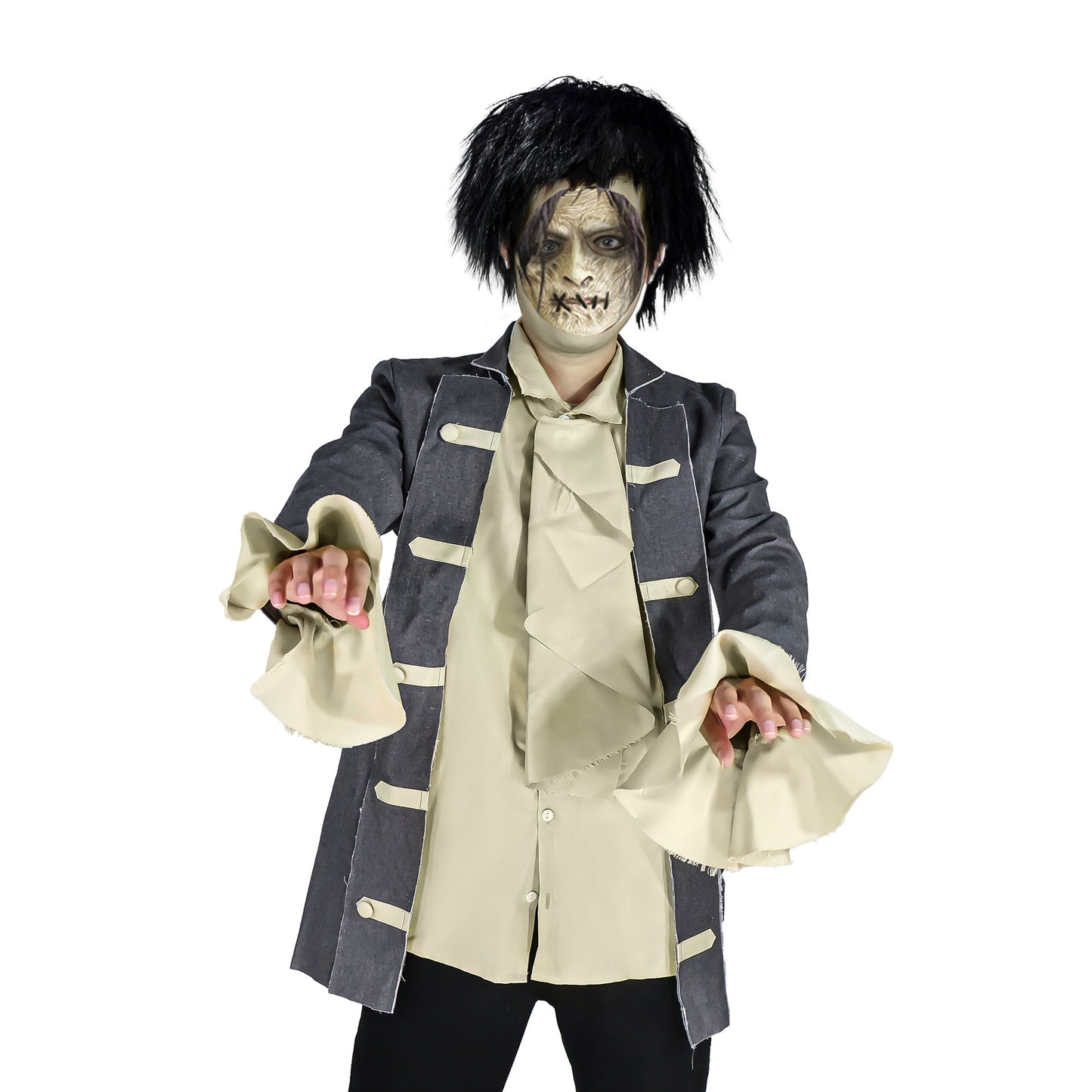 Undertaker Cosplay Costume – Black Butler (Kuroshitsuji) | Dark Grey Tailcoat, Ruffled Bell-Sleeve Shirt & Scarf | Kids & Adults