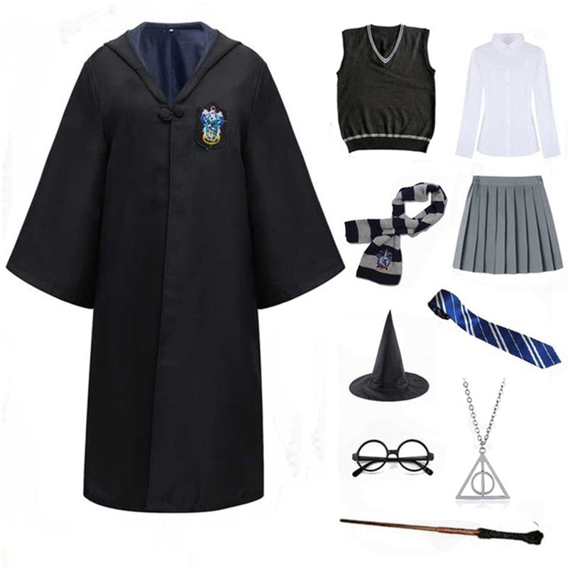 Slytherin Halloween Cosplay Costume  Adult Cloak Robe Tie Scarf Magic Wand Children Suits Cosplay Clothes Accessories