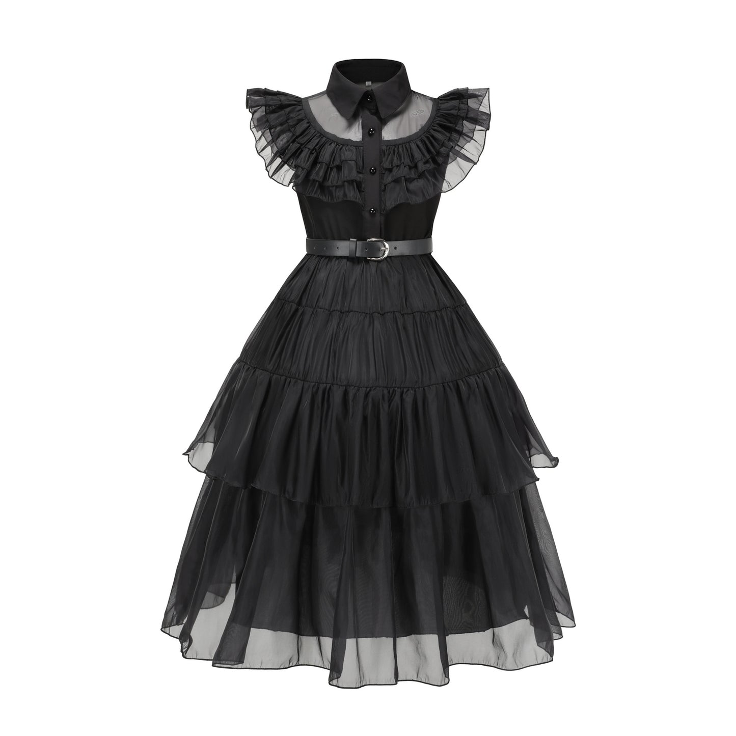 Kids' Wednesday Addams Ball Gown Costume – Black Tulle Dress with Belt | Ages 4–10 | 3 Styles