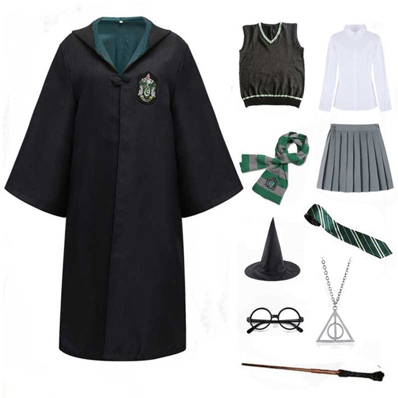 Slytherin Halloween Cosplay Costume  Adult Cloak Robe Tie Scarf Magic Wand Children Suits Cosplay Clothes Accessories