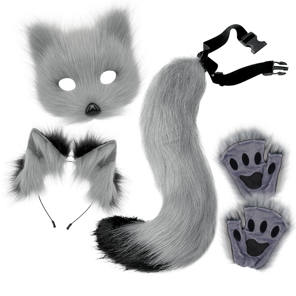 Halloween Plush Fox Mask Set with Faux Fox Ears Headband, Tail, Animal Paws and Cosplay Accessories