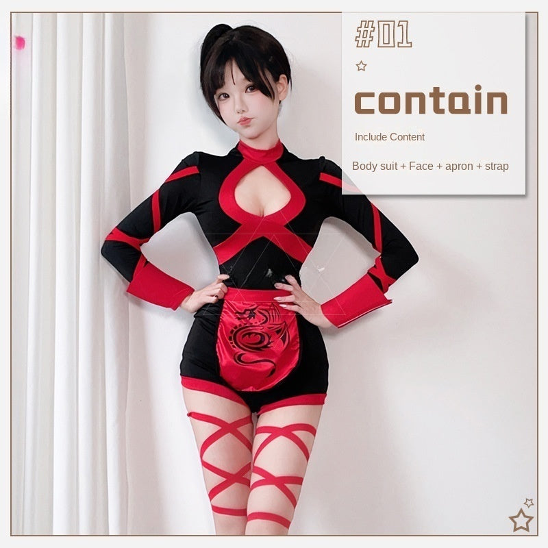 Women's Ninja Halloween Costume – Bodysuit with Ribbon Trim | Red or Blue | 4-Piece Set