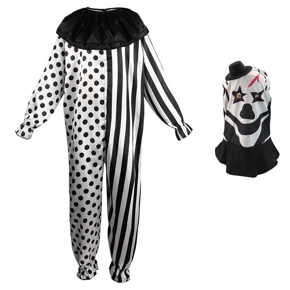Horror Clown Halloween Jumpsuit with Mask – Black & White Polka Dot & Stripe | One Size