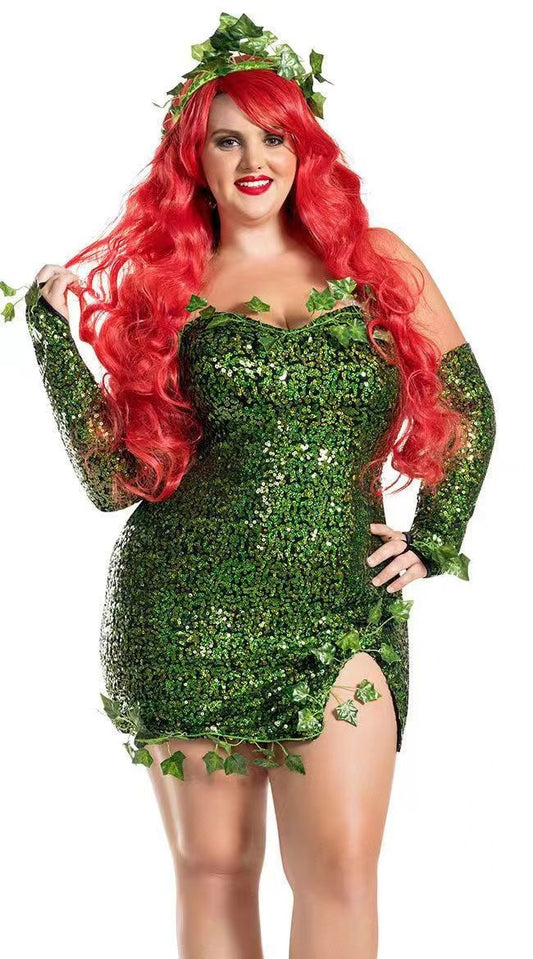 Green Sequin Leaf Dress – Sleeveless V-Neck High Waist | Mini or Maxi Length | Women's S–3XL
