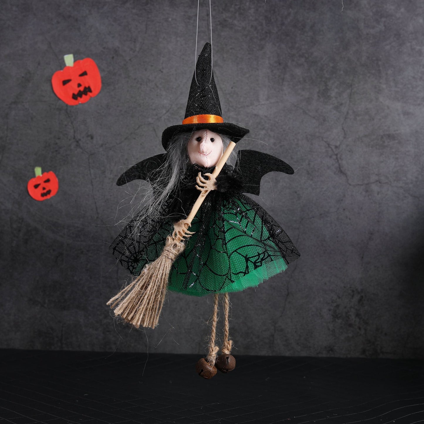 New Halloween Hanging Decoration Witch Holding Broom Tulle Skirt Pendant Toy Bar Horror Hanging Ornament Prank