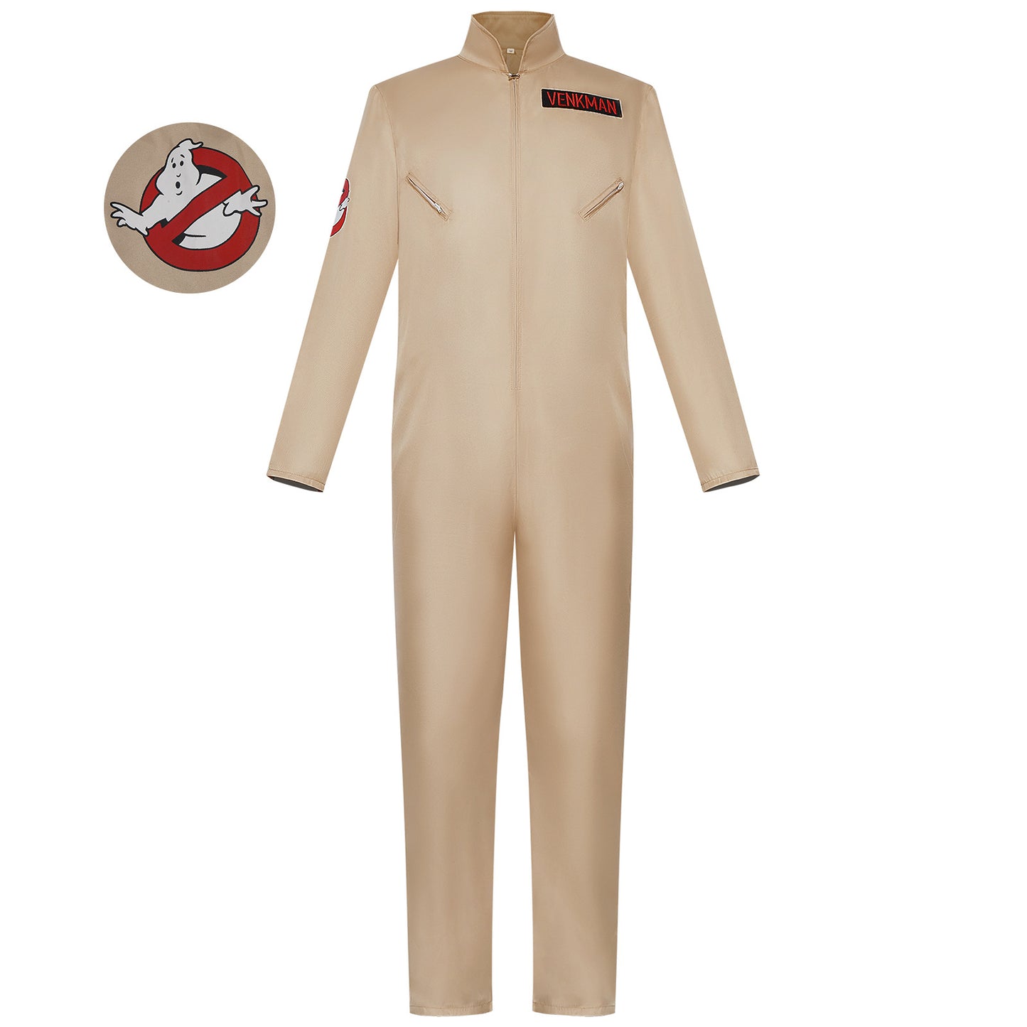 Ghostbusters Venkman Cosplay Jumpsuit – Beige Zip Jumpsuit with Name Patch & Ghost Logo | Adults & Kids