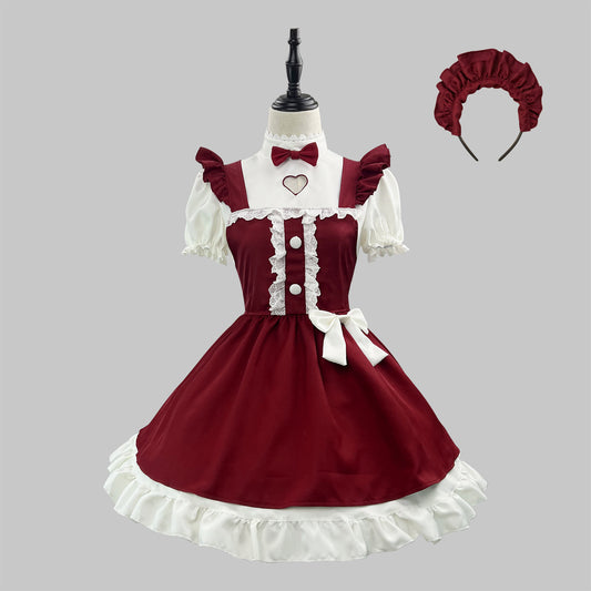 Wine Red Lolita Maid Cosplay Dress Set – Dress, Apron, Bow Tie & Headband | Women's S–5XL