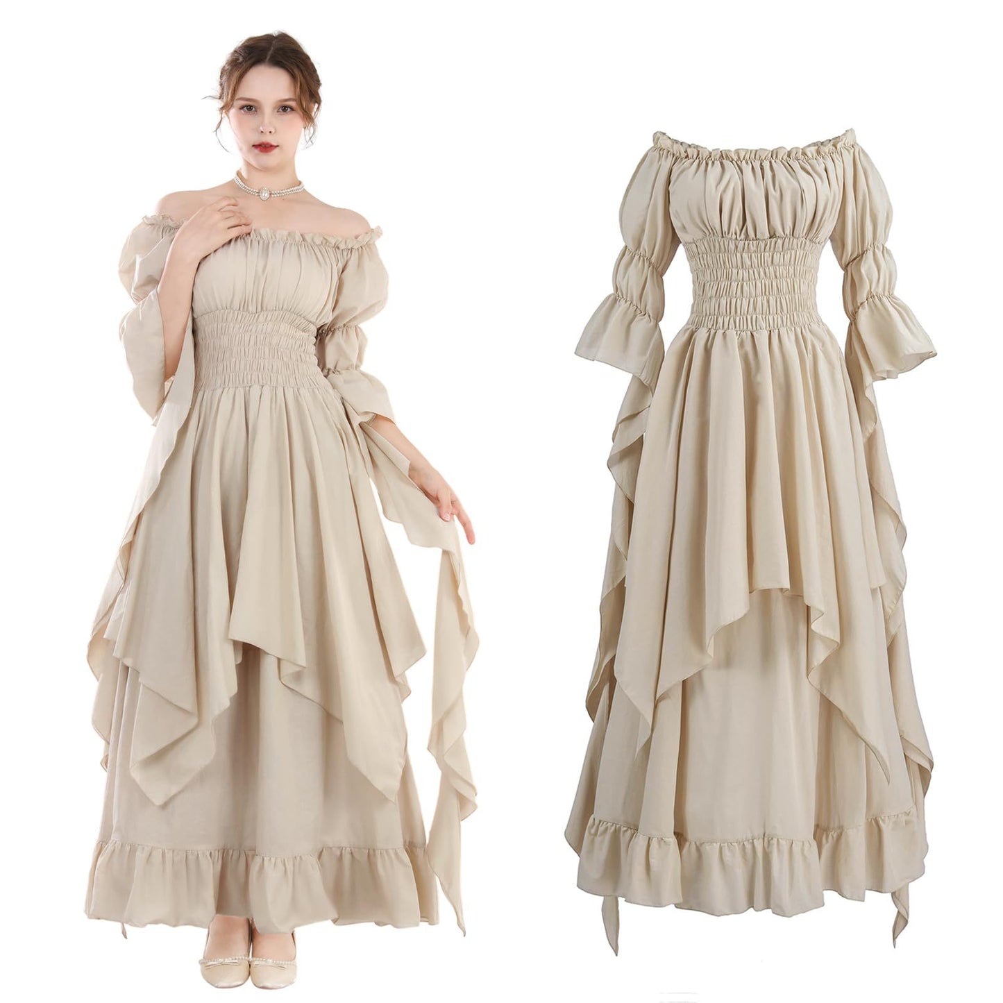 Medieval Renaissance Peasant Dress – Off-Shoulder Smocked Waist Hi-Lo Ruffle Gown | 9 Colors