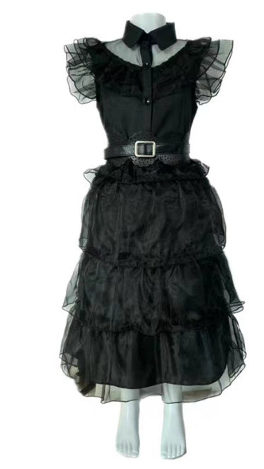 Kids' Wednesday Addams Ball Gown Costume – Black Tulle Dress with Belt | Ages 4–10 | 3 Styles