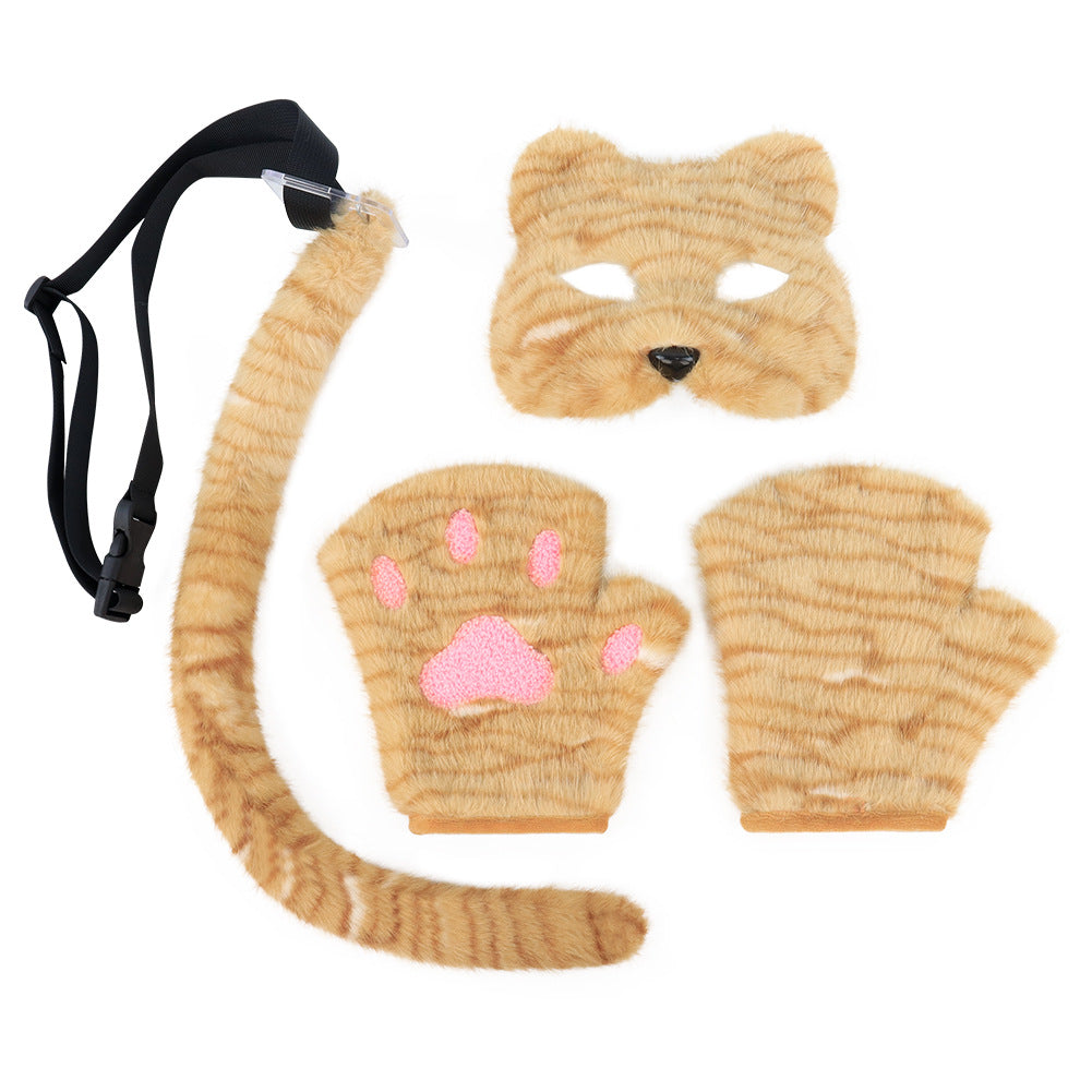 Halloween Plush Cat Mask, Tail and Gloves Set - Handmade Cosplay Costume Accessories for Parties