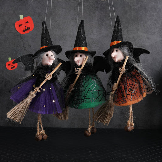 New Halloween Hanging Decoration Witch Holding Broom Tulle Skirt Pendant Toy Bar Horror Hanging Ornament Prank
