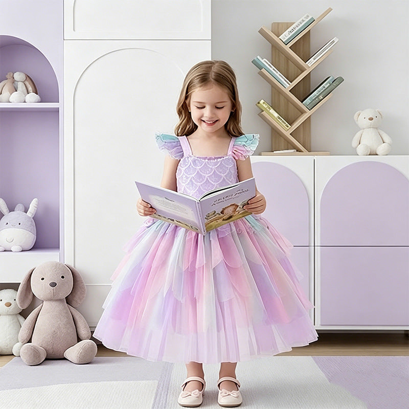 Girls' Summer Gradient Mesh Princess Dress with Sequins, Puffy Formal Dress for Kids Birthday and Performance