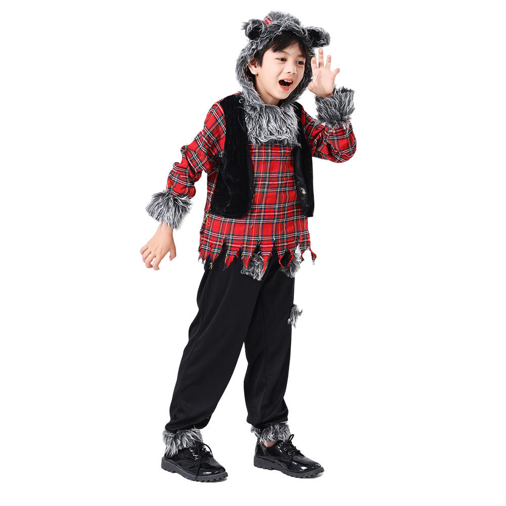 Kids' Werewolf Halloween Costume – Plaid Shirt & Pants with Faux Fur Trim | Unisex | Heights 105–145 cm
