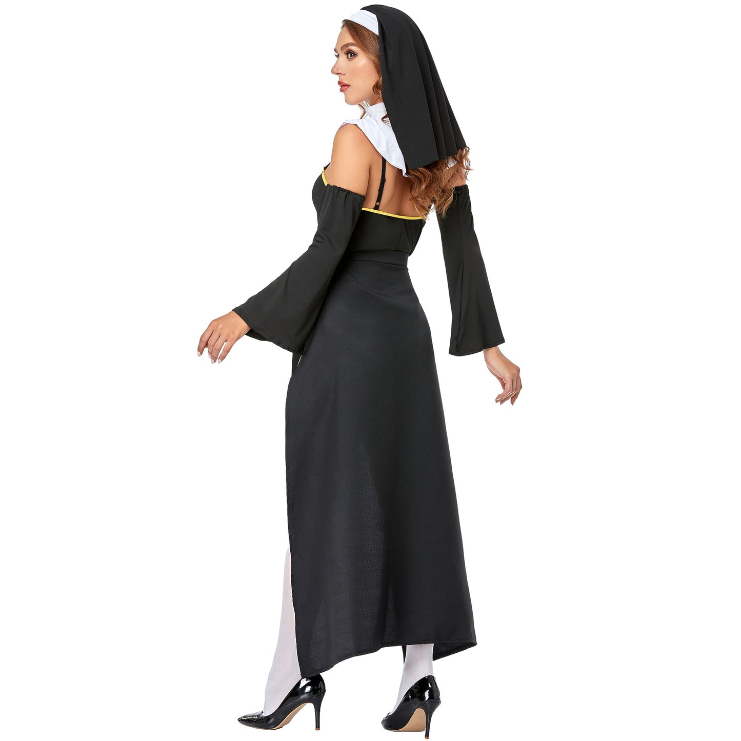 Sexy Nun Halloween Costume – Black Bodysuit, Maxi Skirt Overlay, Headscarf & Cross Socks | Women's M–XL