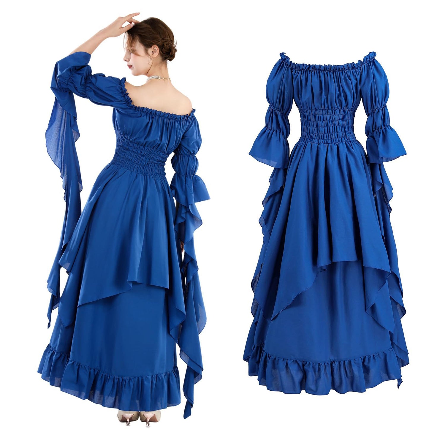 Medieval Renaissance Peasant Dress – Off-Shoulder Smocked Waist Hi-Lo Ruffle Gown | 9 Colors