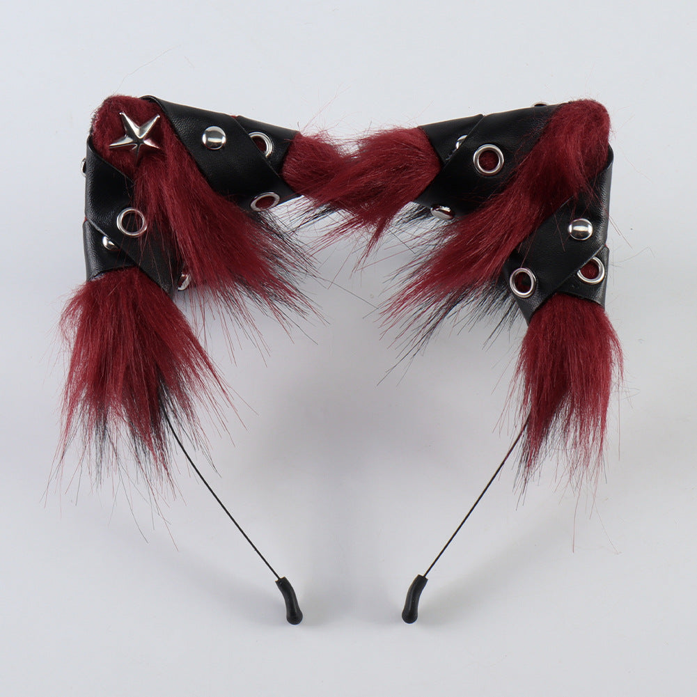 Halloween Animal Ears Headband Punk Style Leather Hair Accessory Cosplay Cat Ears Headband for Party