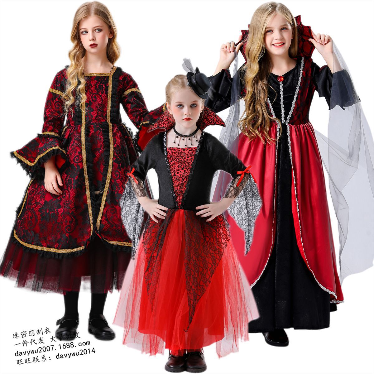 Girls' Gothic Vampire Queen Halloween Dress – 3 Styles | Red & Black Gown | Kids 120–150