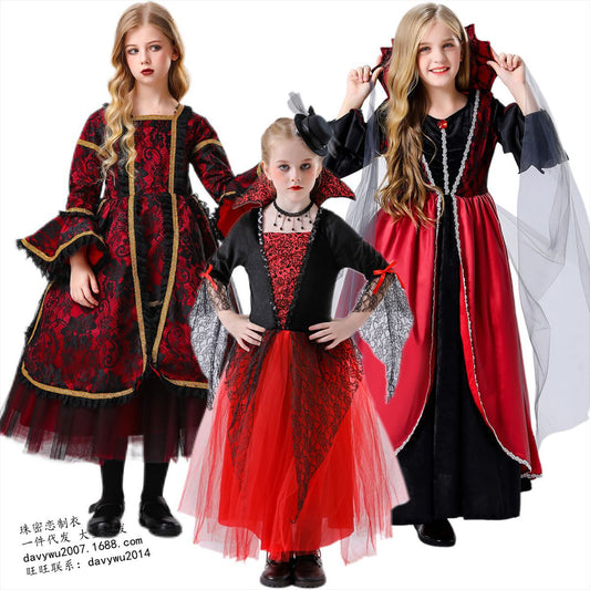 Girls' Gothic Vampire Queen Halloween Dress – 3 Styles | Red & Black Gown | Kids 120–150
