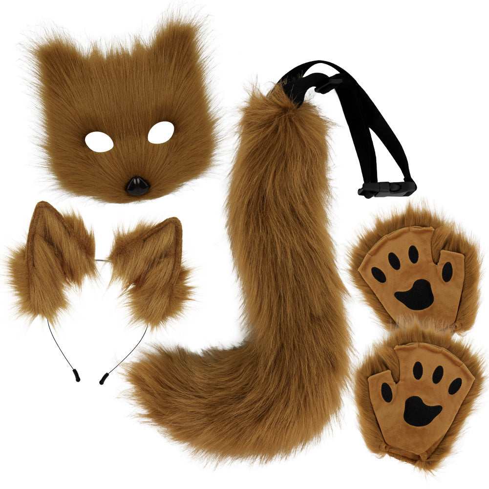 Halloween Plush Fox Mask Set with Faux Fox Ears Headband, Tail, Animal Paws and Cosplay Accessories