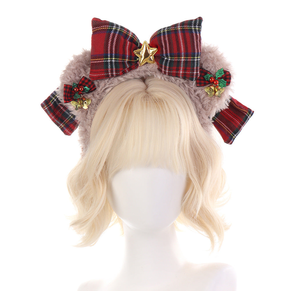 Christmas Plush Shellelue Headband with Bow, Red Kitty Hairband for Theme Park Photos