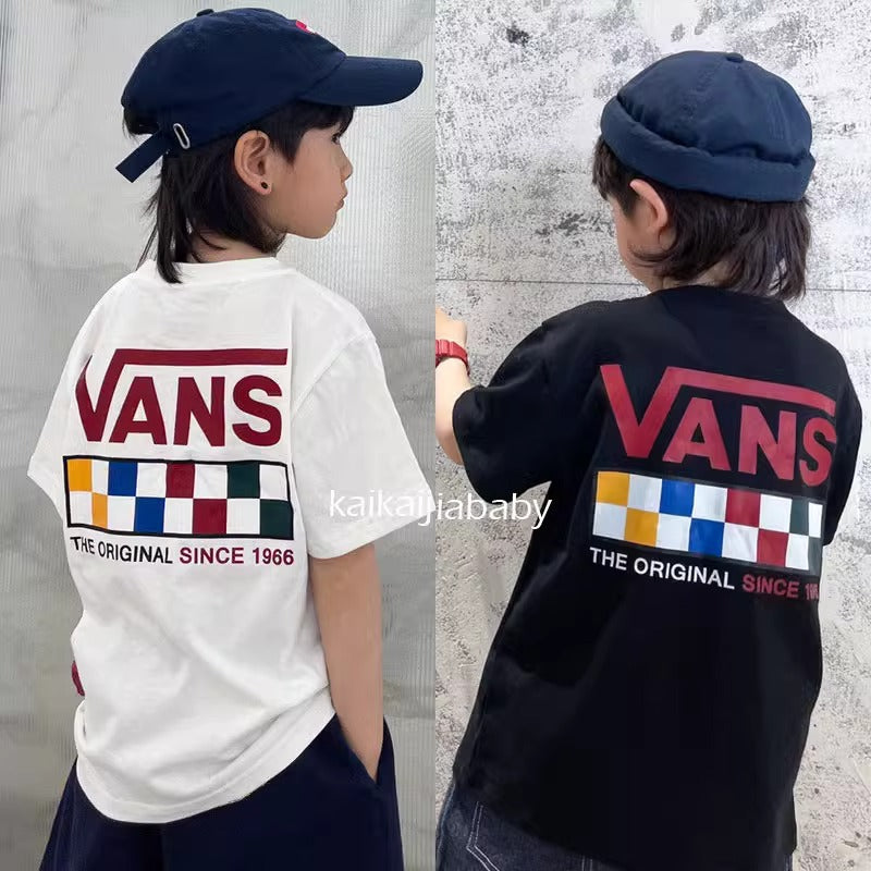 Children's Checkerboard Short Sleeve Casual T-Shirt, Loose Fit for Boys and Girls
