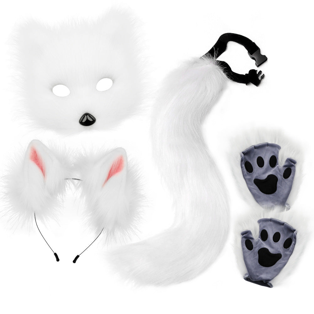 Halloween Plush Fox Mask Set with Faux Fox Ears Headband, Tail, Animal Paws and Cosplay Accessories