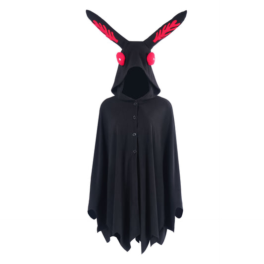 Mothman Cosplay Cape Costume – Black Hooded Cape with Red Glowing Eyes & Moth Wings Hood | S–M to 2XL–3XL