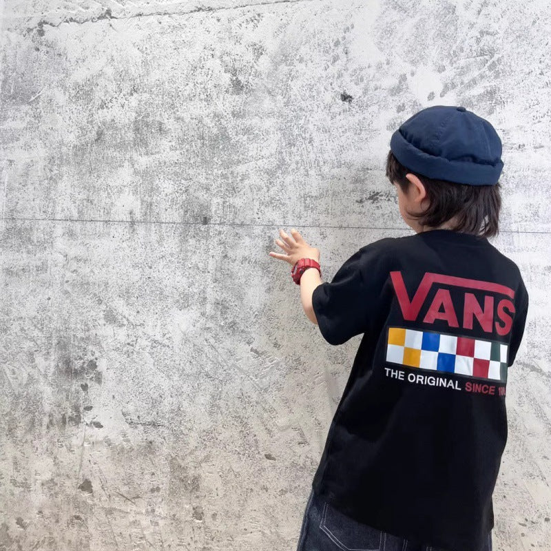 Children's Checkerboard Short Sleeve Casual T-Shirt, Loose Fit for Boys and Girls