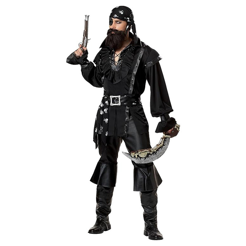 Men's Black Pirate Halloween Costume – Ruffled Shirt, Skull Sash, Bandana, Eye Patch & Belt Set | M–2XL