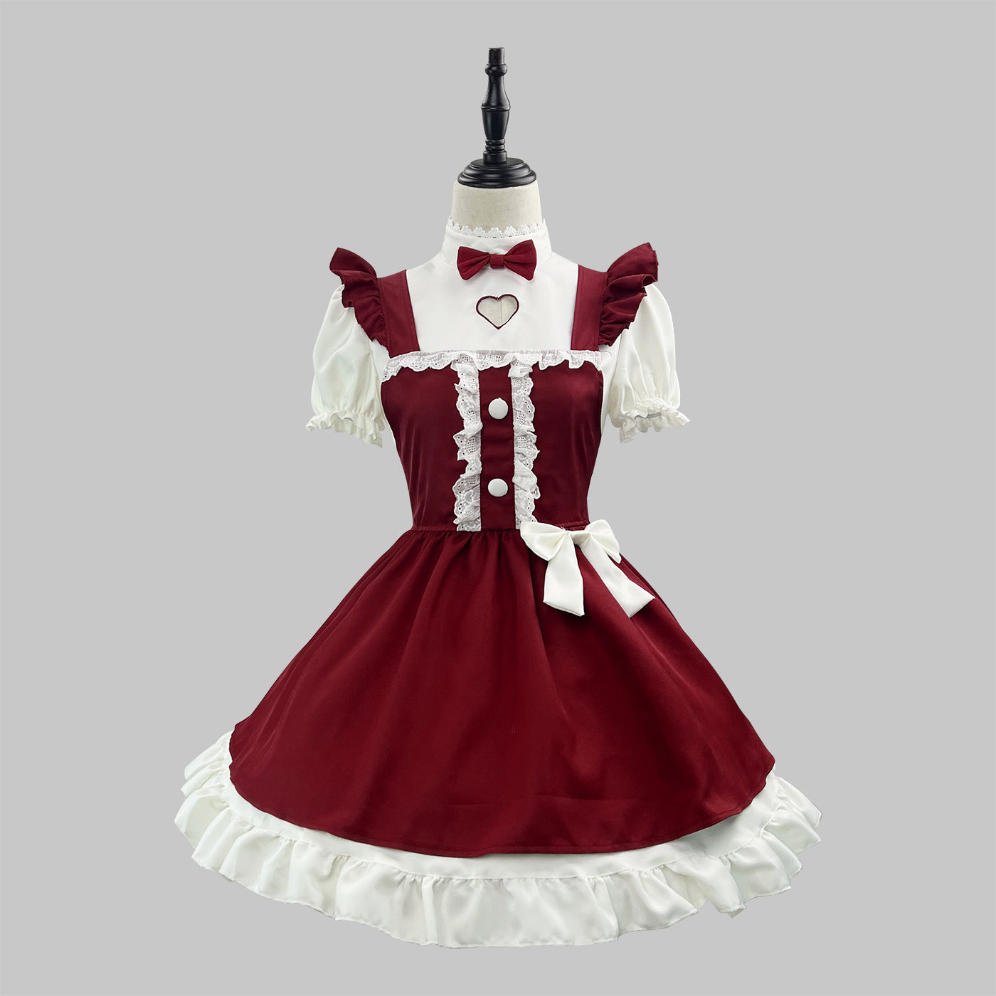 Wine Red Lolita Maid Cosplay Dress Set – Dress, Apron, Bow Tie & Headband | Women's S–5XL