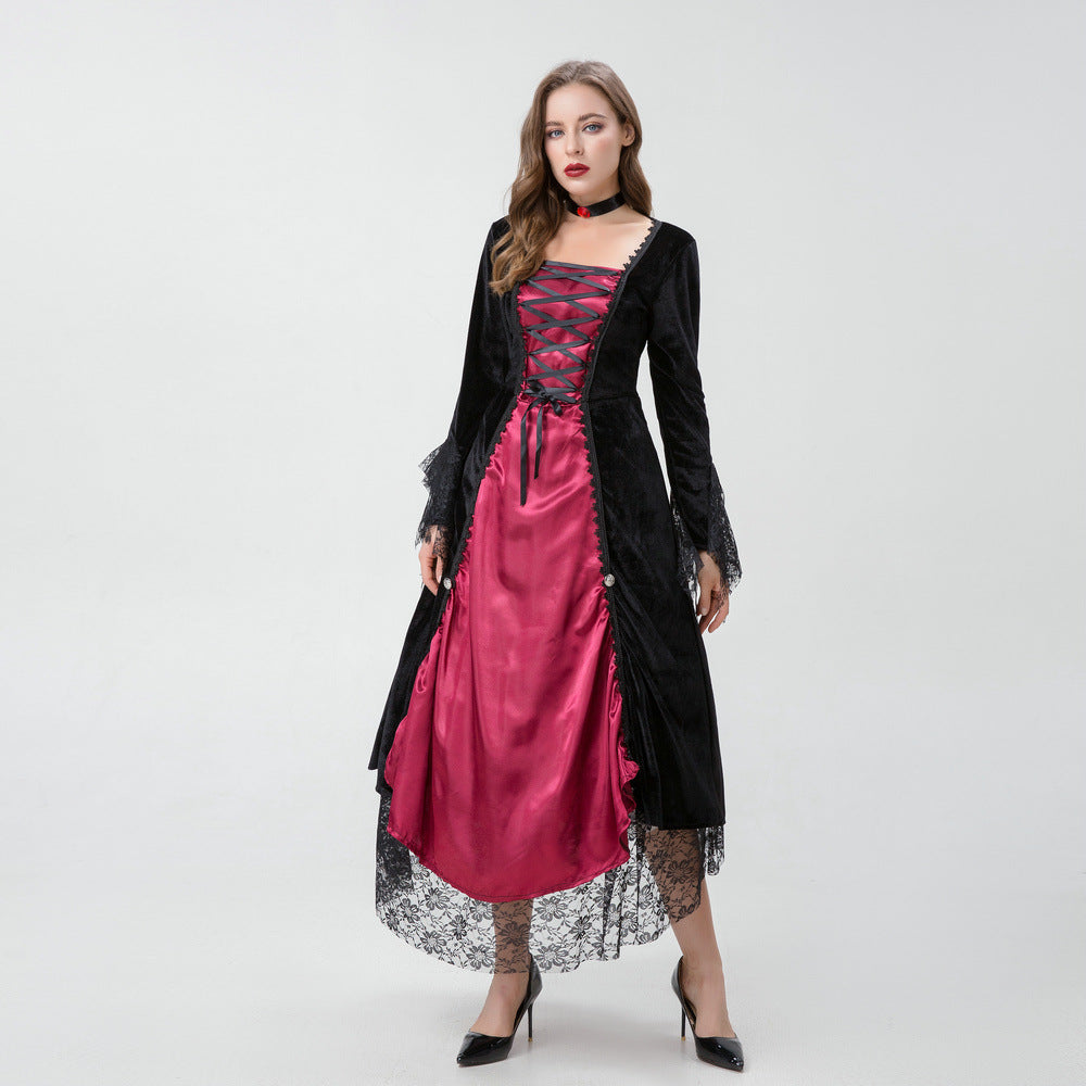 Women's Gothic Vampire Queen Halloween Gown – Burgundy Satin & Black Velvet Lace Dress with Choker | S–XL