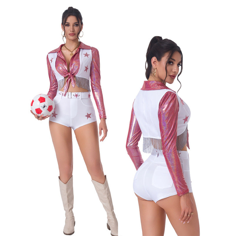 Women's Sexy Cheerleader Halloween Costume – Star Print Crop Jacket & Shorts Set | 4 Styles | M–XL