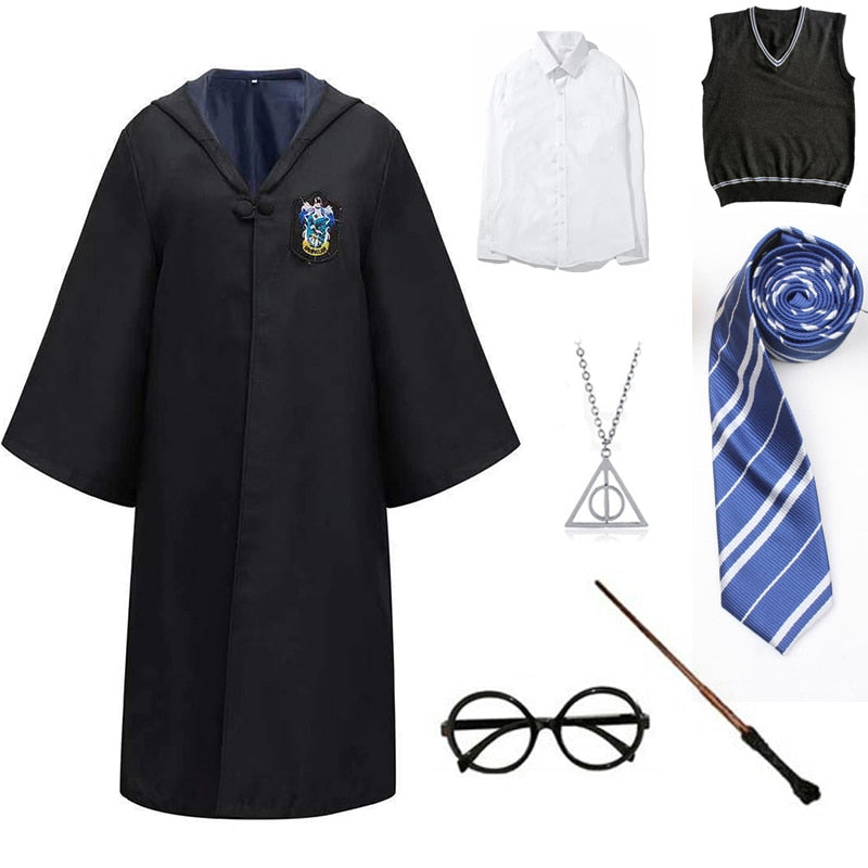 Slytherin Halloween Cosplay Costume  Adult Cloak Robe Tie Scarf Magic Wand Children Suits Cosplay Clothes Accessories