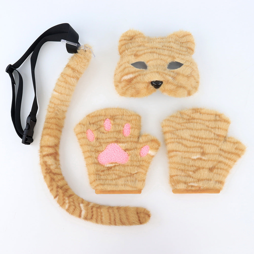 Halloween Plush Cat Mask, Tail and Gloves Set - Handmade Cosplay Costume Accessories for Parties
