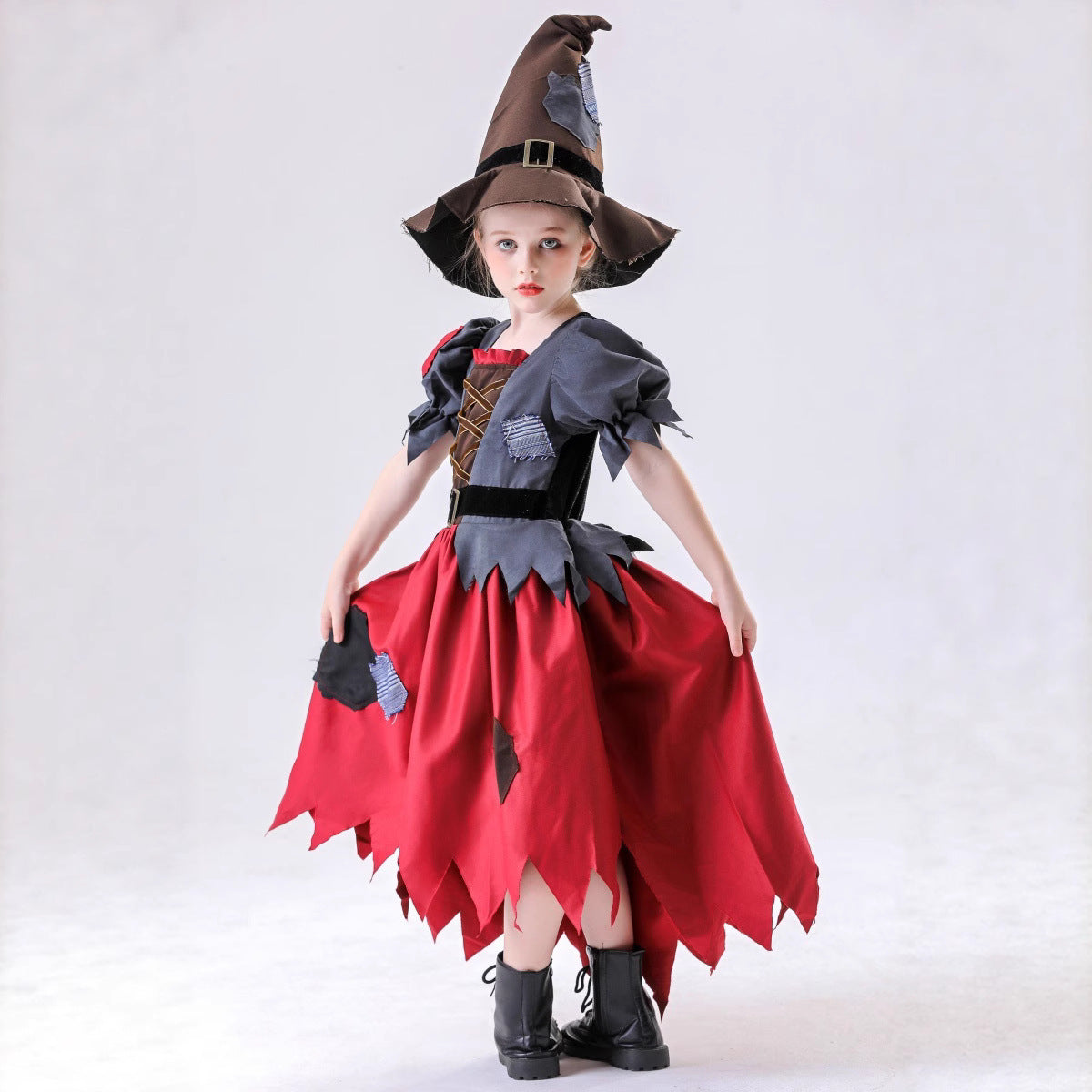 Girls' Ragged Witch Halloween Costume Set – Grey & Red Patchwork Dress with Jagged Hem & Witch Hat | Heights 120–150 cm